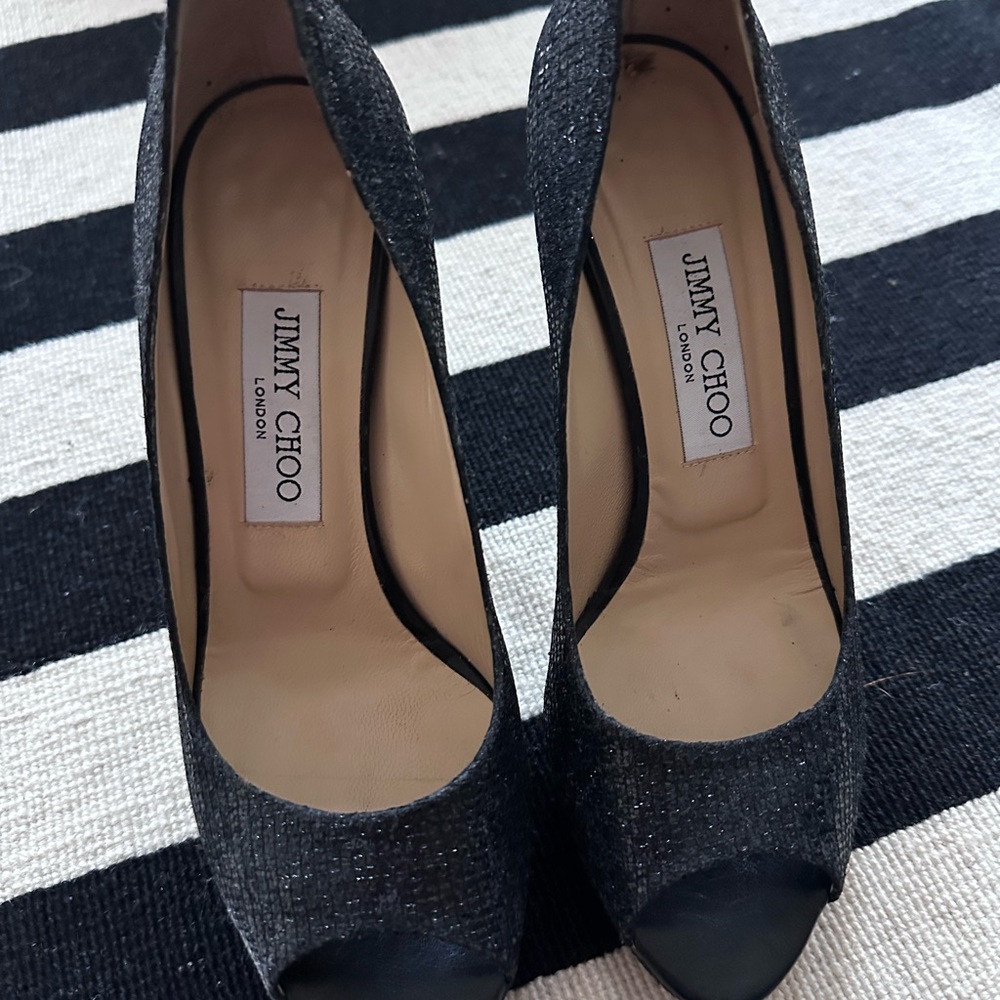 Jimmy Choo Glitter Black Peep Toe Heels